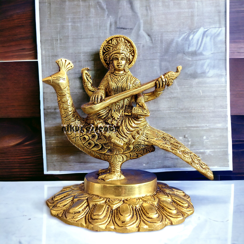 Solid Brass Goddess Saraswati Sitting on Swan Idol - 17.27 cm