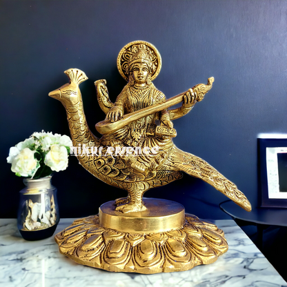 Solid Brass Goddess Saraswati Sitting on Swan Idol - 17.27 cm