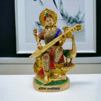 Goddess Saraswati Sitting Playing Veena Idol with Stone work - 38 cm