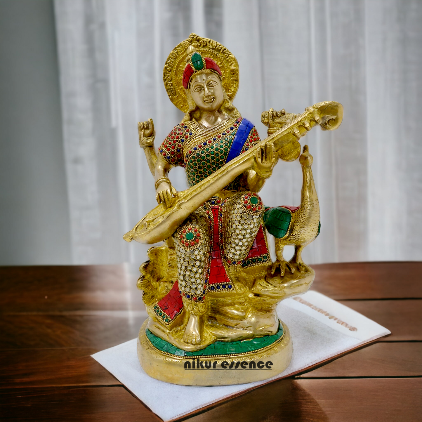 Goddess Saraswati Sitting Playing Veena Idol with Stone work - 38 cm