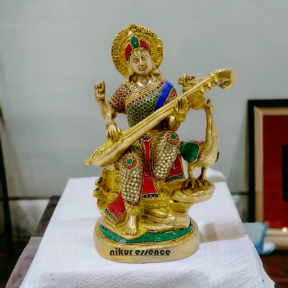 Goddess Saraswati Sitting Playing Veena Idol with Stone work - 38 cm