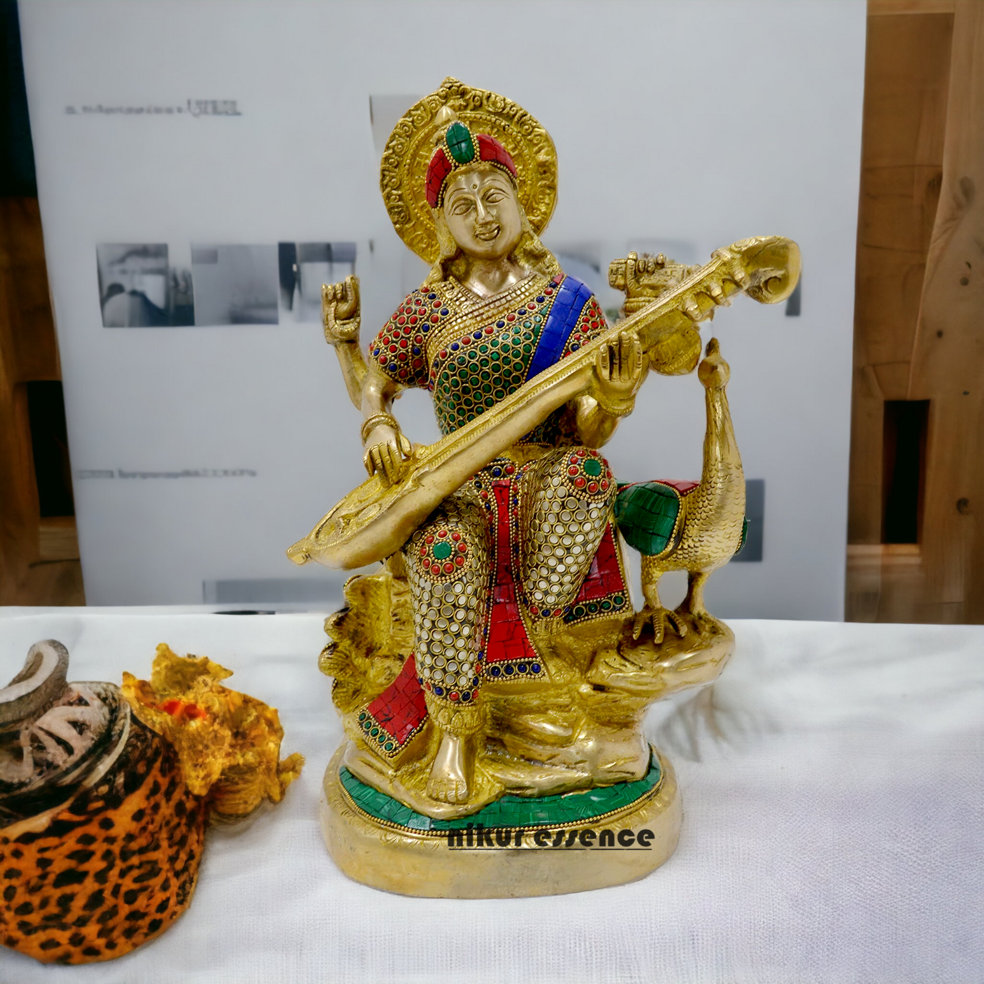 Goddess Saraswati Sitting Playing Veena Idol with Stone work - 38 cm