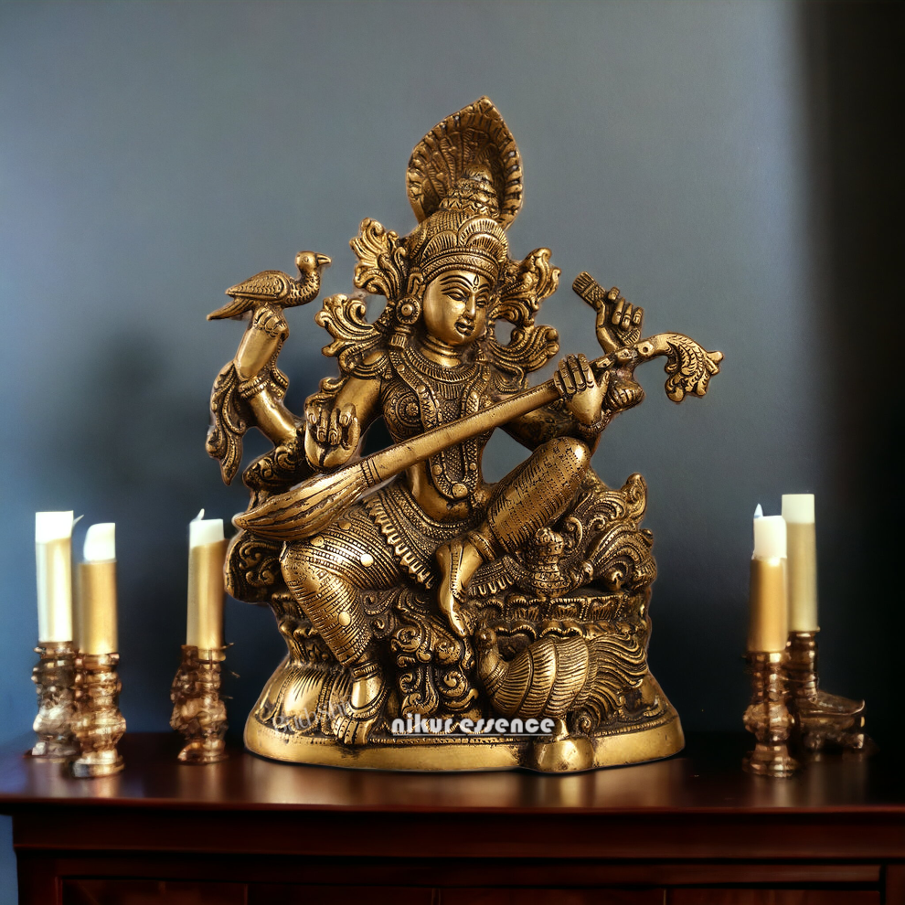 Antique Brass Saraswati Playing Veena idol - 11.5 inches