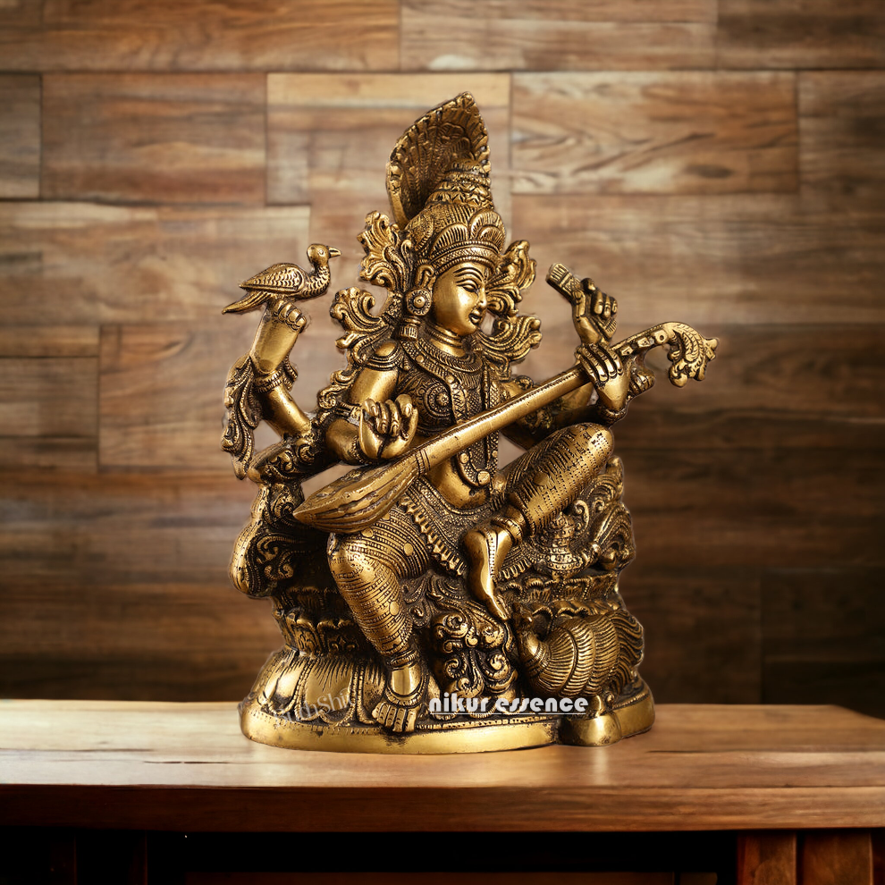 Antique Brass Saraswati Playing Veena idol - 11.5 inches