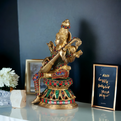 Buy Online Brass Saraswati Playing Veena with Stone work Idol - 13 inches