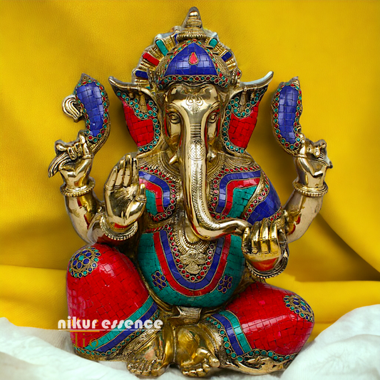 Goddess Brass Ganesh Sitting Idol with Stone work - 21 Inches