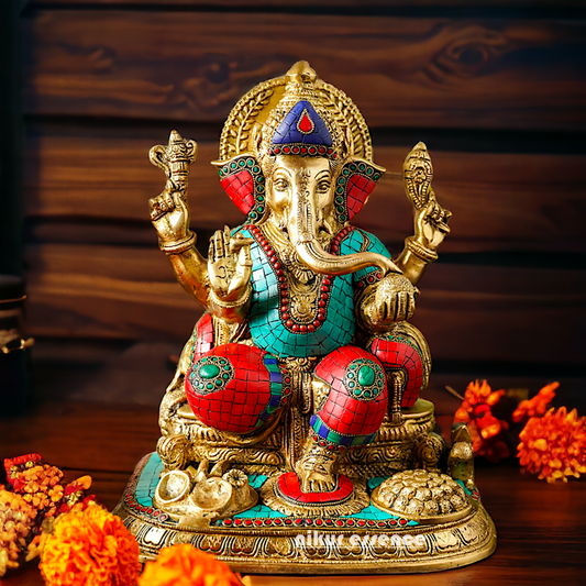 Goddess Ganesh Brass with Stone Work Idol - 31 cm