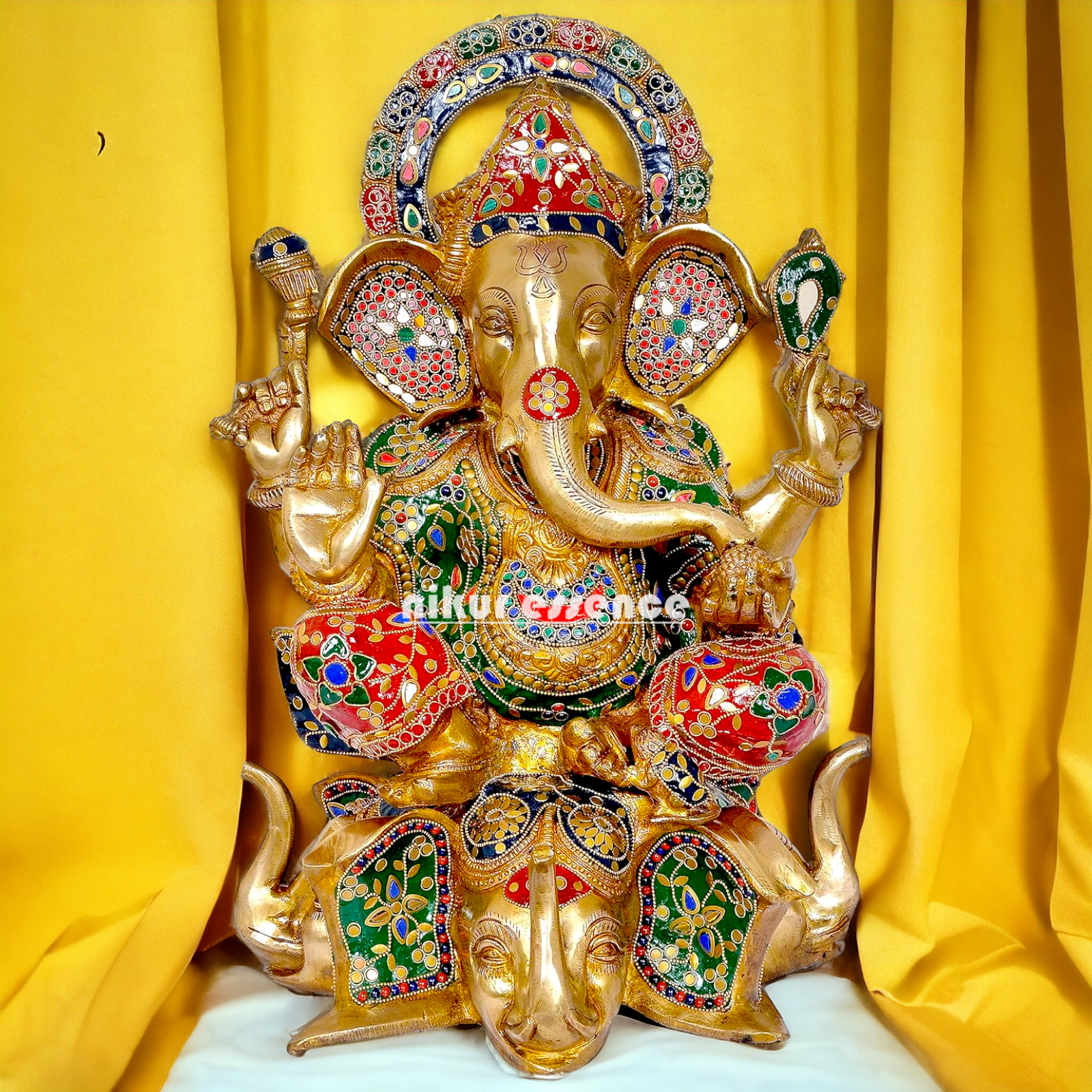 Big Ganesh Sitting with Stone Work Idol - 17 inches