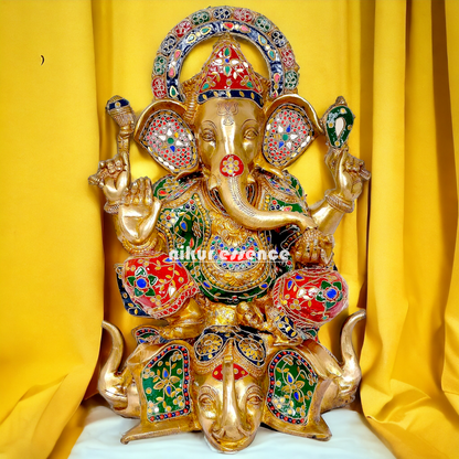 Big Ganesh Sitting with Stone Work Idol - 17 inches