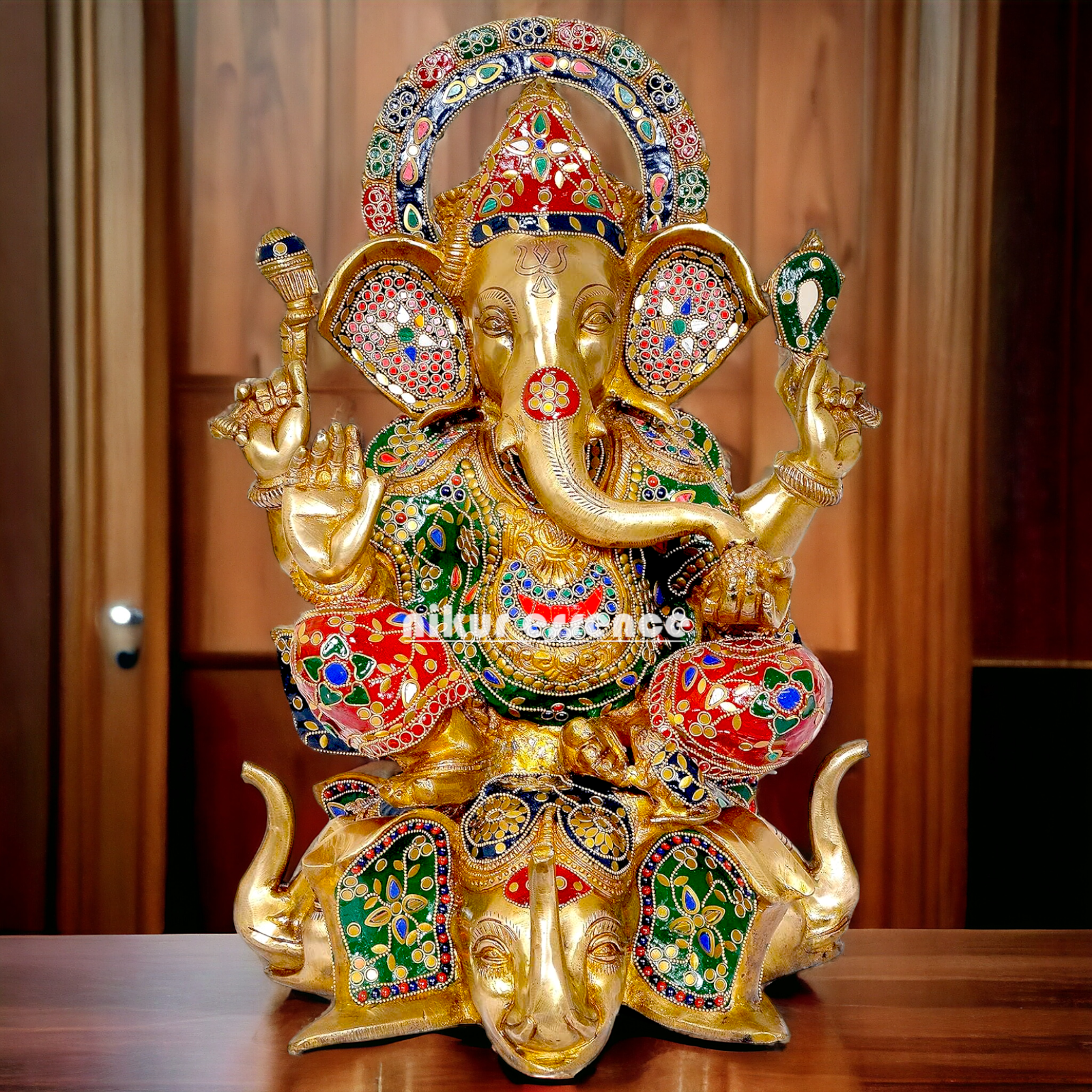 Big Ganesh Sitting with Stone Work Idol - 17 inches