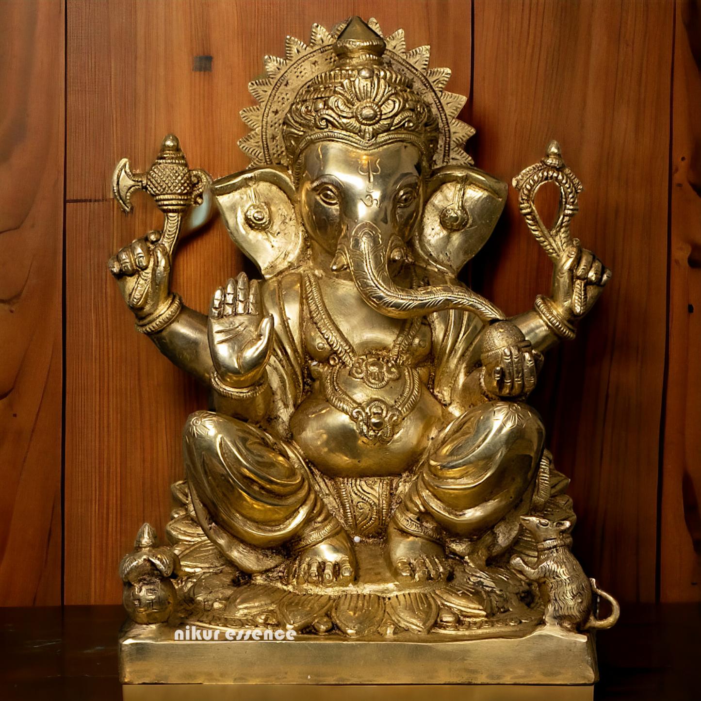 Solid Brass Ganesh Vinayaka Sitting Idol - 14.5 Inch