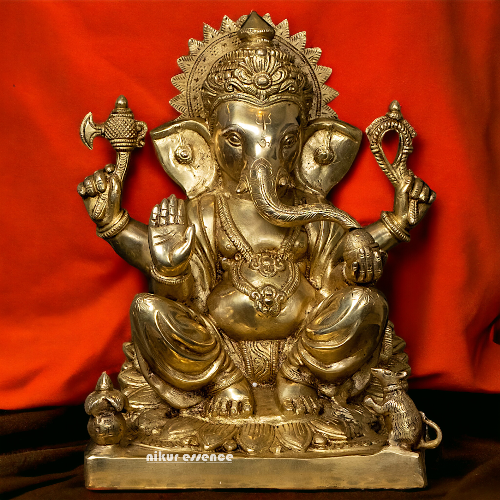 Solid Brass Ganesh Vinayaka Sitting Idol - 14.5 Inch