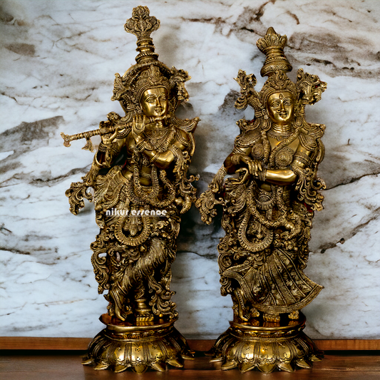 Large Solid Brass Radha Krishna murli with playing Flute- 27 Inch Idols Nikuressence