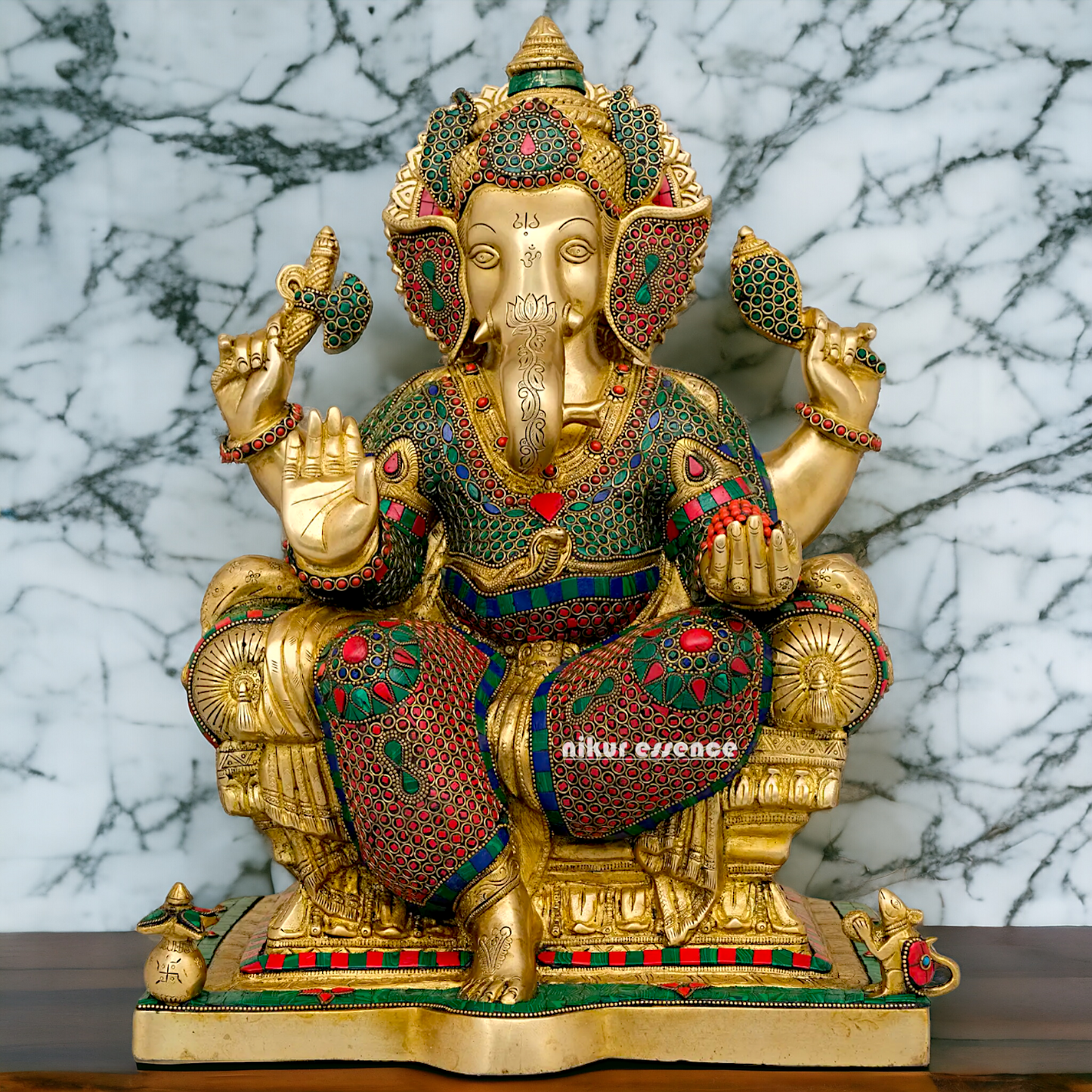 Buy Online Ganesh Sitting on Singhasan Idol with Stone Work - 45.5 cm