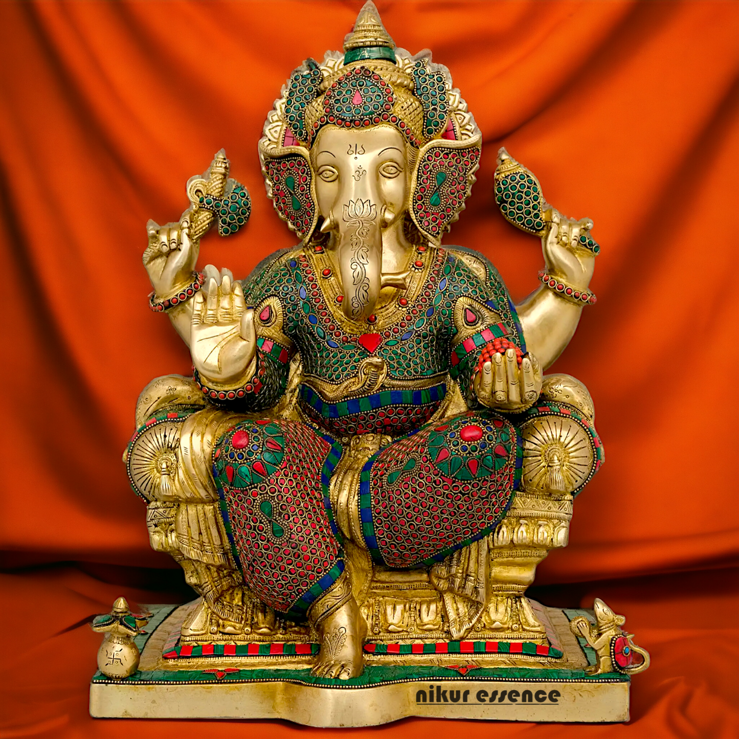 Buy Online Ganesh Sitting on Singhasan Idol with Stone Work - 45.5 cm