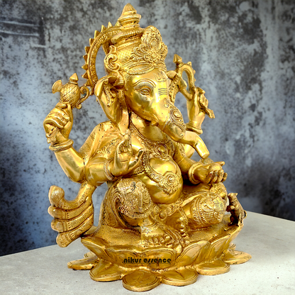 Solid Brass Ganesh Ganpati Sitting on lotus Idol - 21 inch