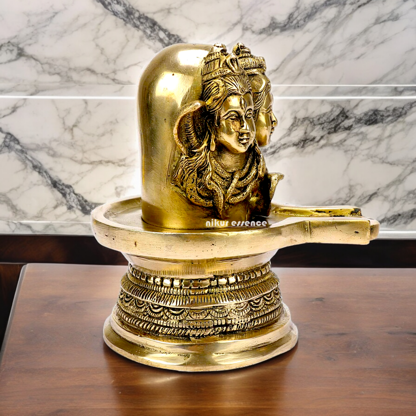 Solid Brass Shivling with Three Face Shiva idol on Shivling Idol - 16 cm