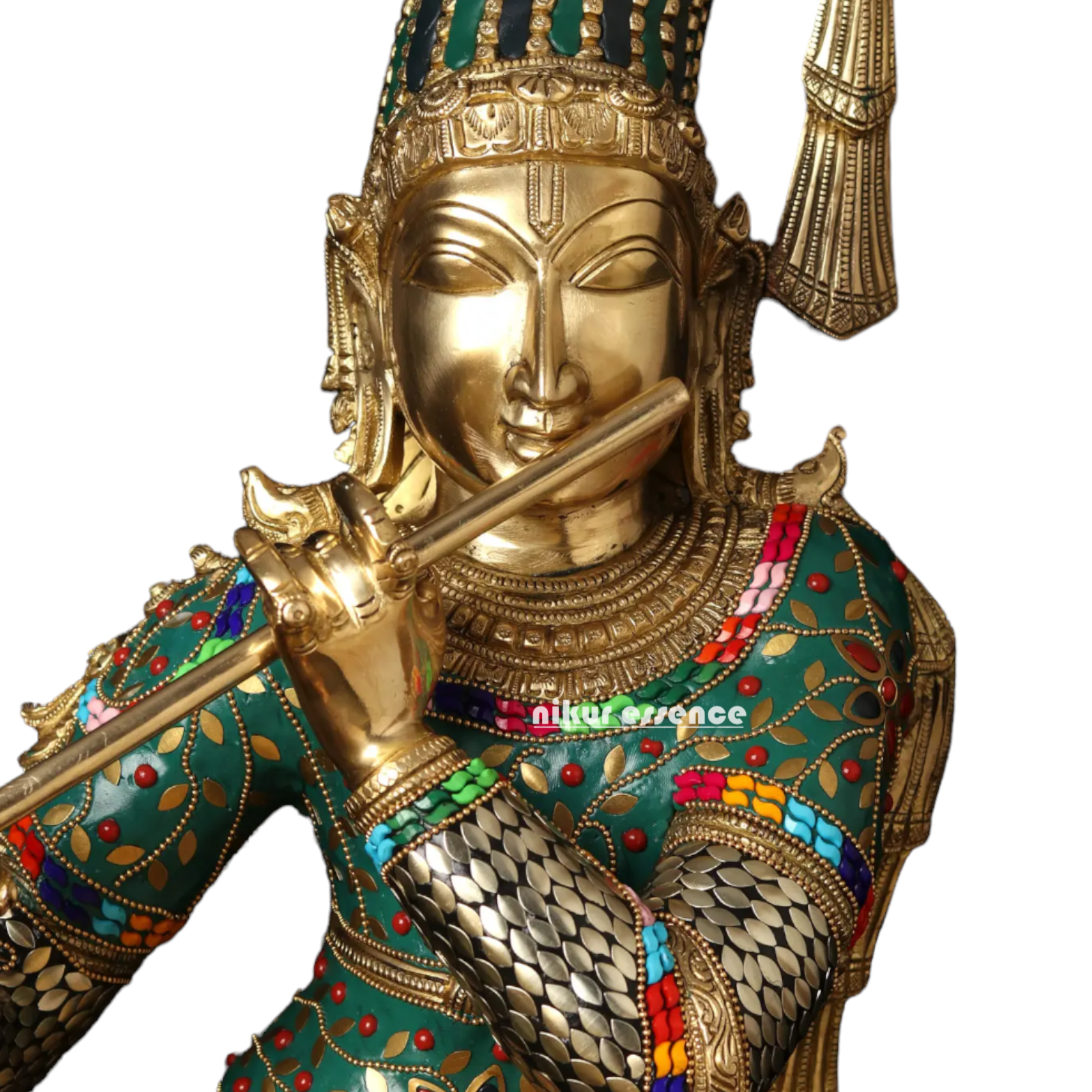 Lord Brass Krishna Playing Flute with Stone Work Idol - 91.5 cm Idols Nikuressence