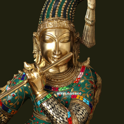 Lord Brass Krishna Playing Flute with Stone Work Idol - 91.5 cm Idols Nikuressence