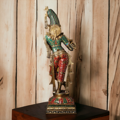 Lord Brass Krishna Playing Flute with Stone Work Idol - 91.5 cm Idols Nikuressence