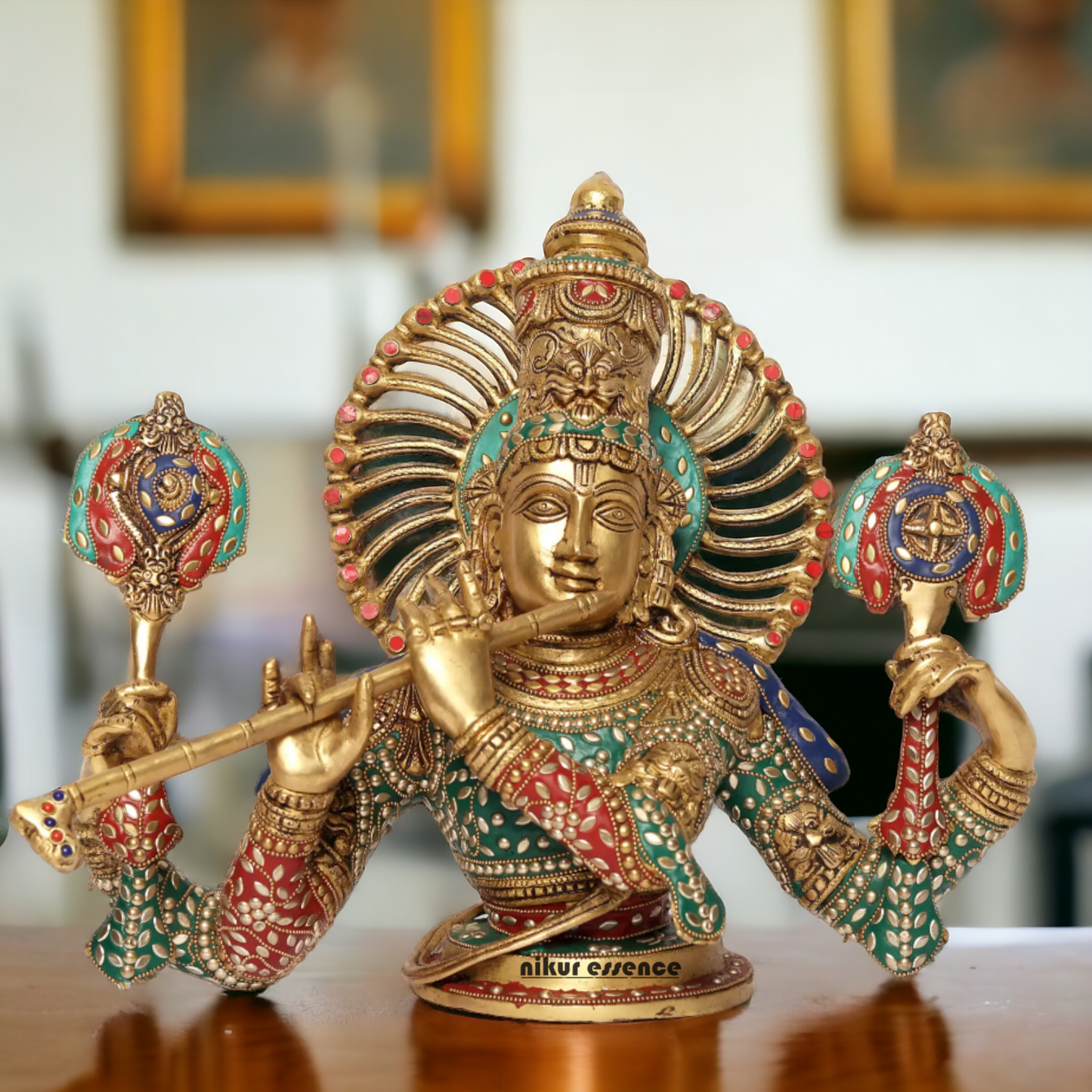 Large Brass Chaturbhuja Venugopal Krishna Idol with Stone Work - 38.5 cm Idols Nikuressence