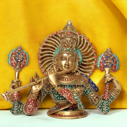 Large Brass Chaturbhuja Venugopal Krishna Idol with Stone Work - 38.5 cm Idols Nikuressence