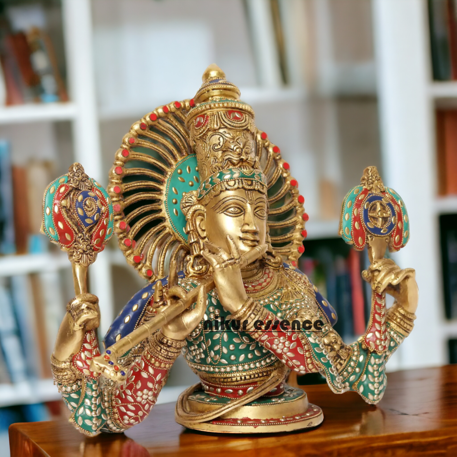 Large Brass Chaturbhuja Venugopal Krishna Idol with Stone Work - 38.5 cm Idols Nikuressence