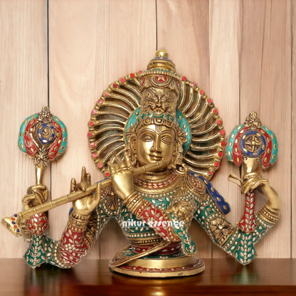 Large Brass Chaturbhuja Venugopal Krishna Idol with Stone Work - 38.5 cm Idols Nikuressence