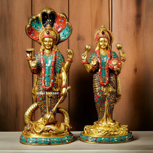 Lord Vishnu and Lakshmi Standing Brass Idol with Stone Work - 44.5 cm