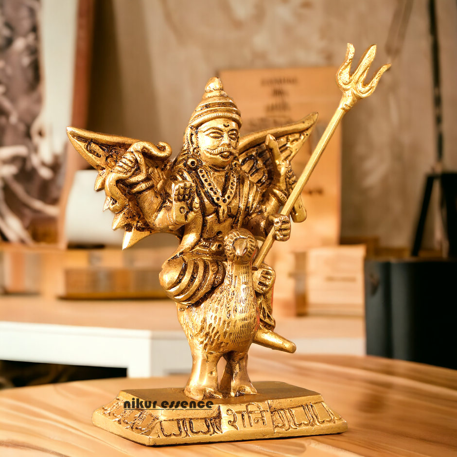 Solid Brass Shani Dev Sitting on Crow Idol - 11.5 cm