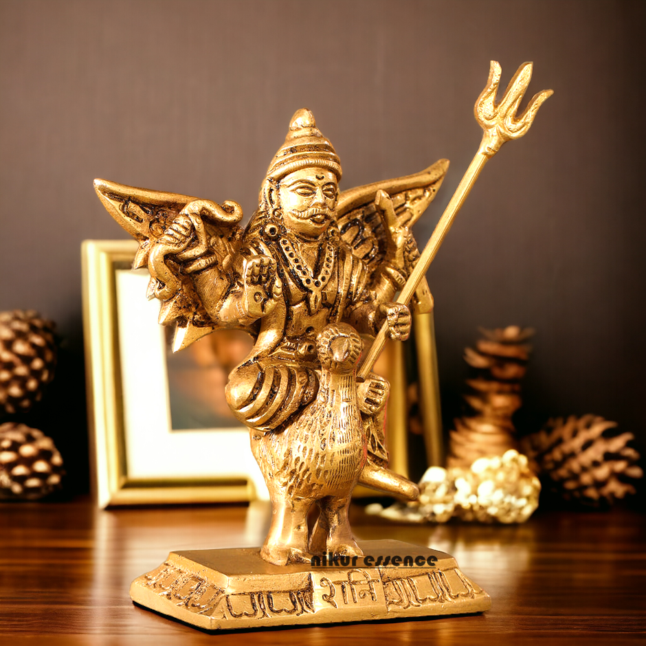 Solid Brass Shani Dev Sitting on Crow Idol - 11.5 cm