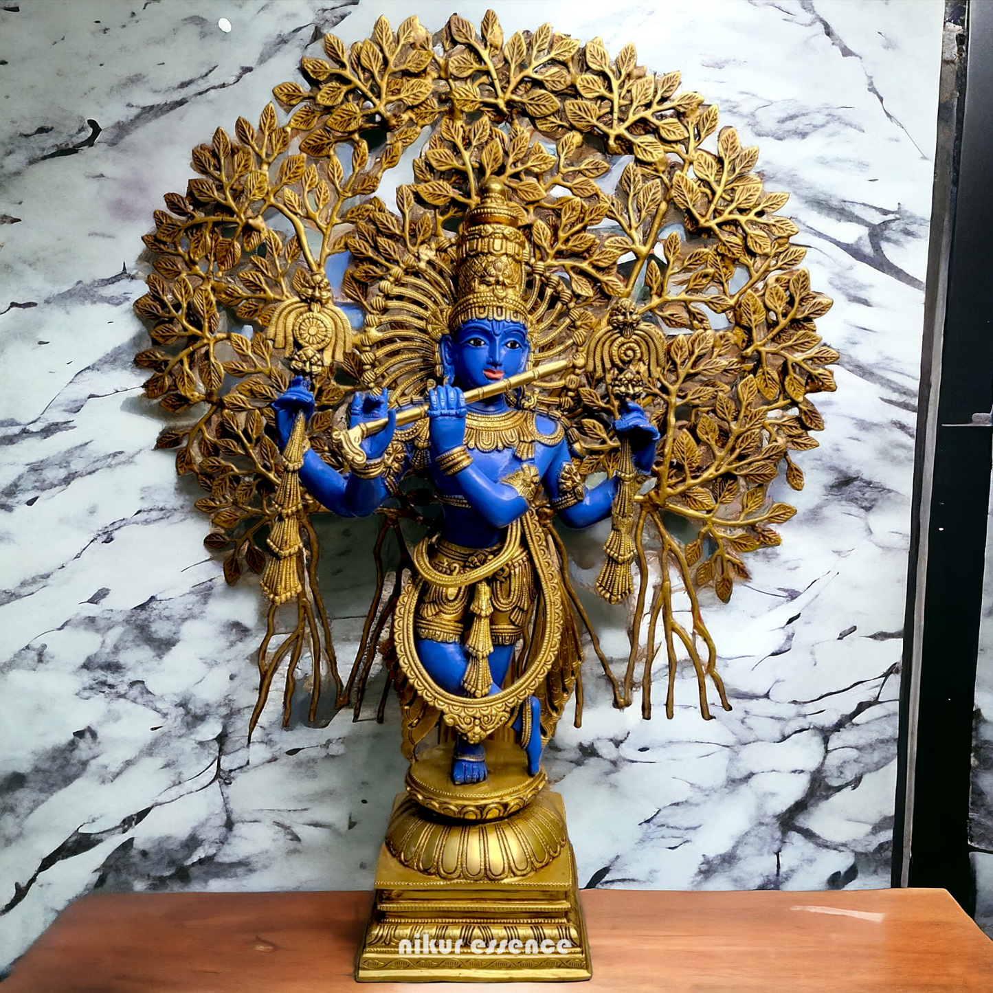 Brass Blue Krishna Standing with Playing Flute Idol - 96.5 cm Idols Nikuressence