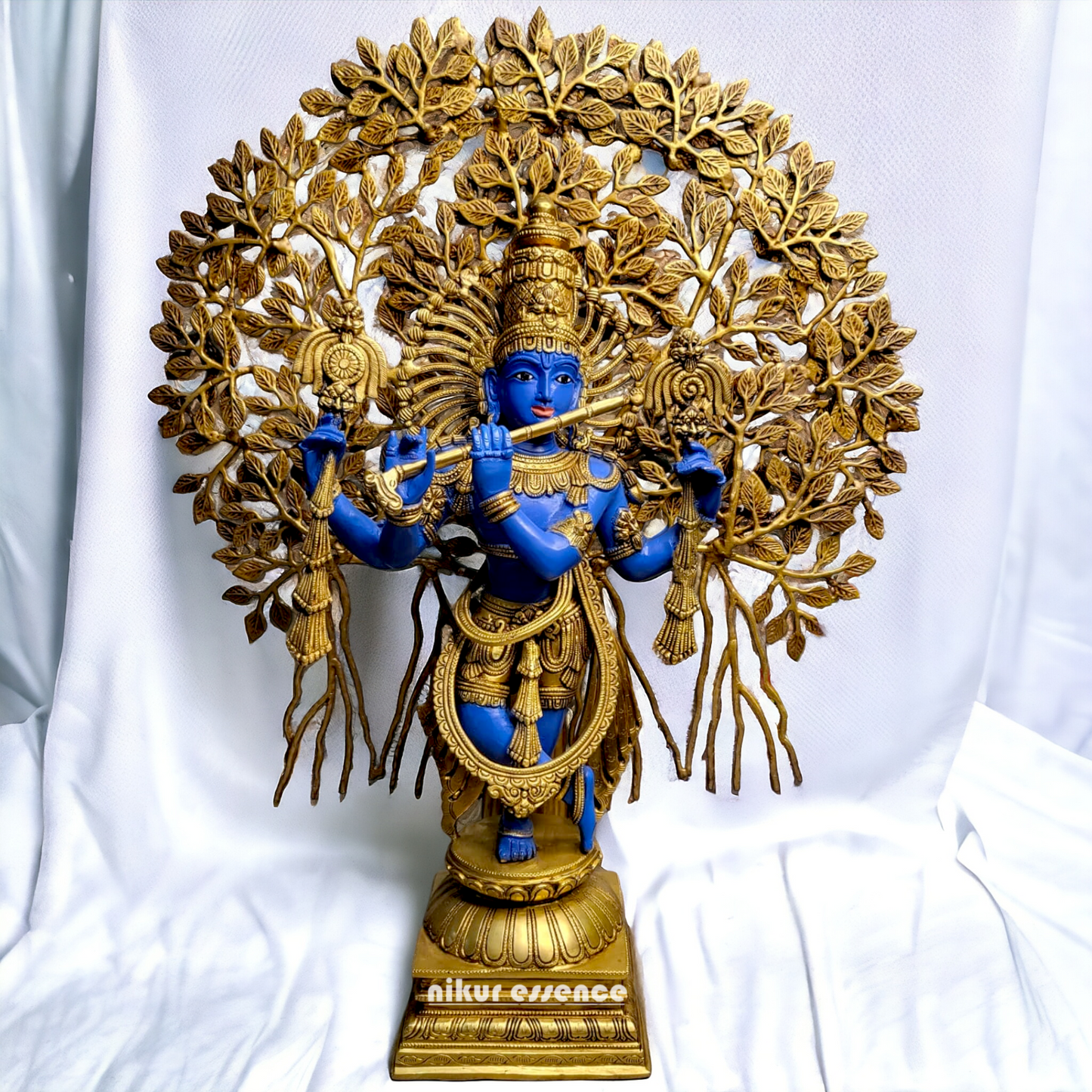 Brass Blue Krishna Standing with Playing Flute Idol - 96.5 cm Idols Nikuressence