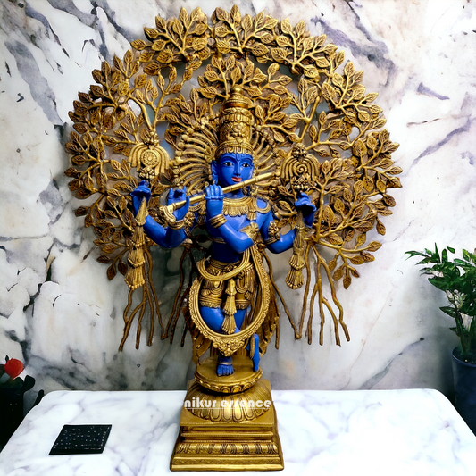 Brass Blue Krishna Standing with Playing Flute Idol - 96.5 cm Idols Nikuressence