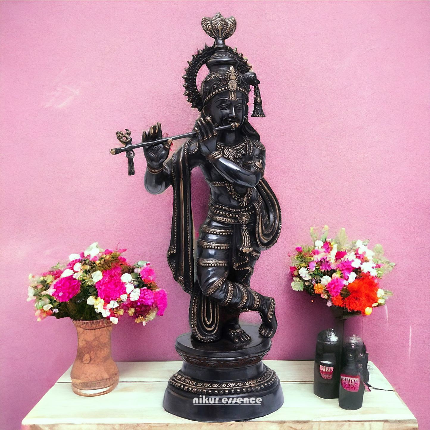 Lord Brass Black Krishna Murli with Playing Flute - 35 Inch Idols Nikuressence