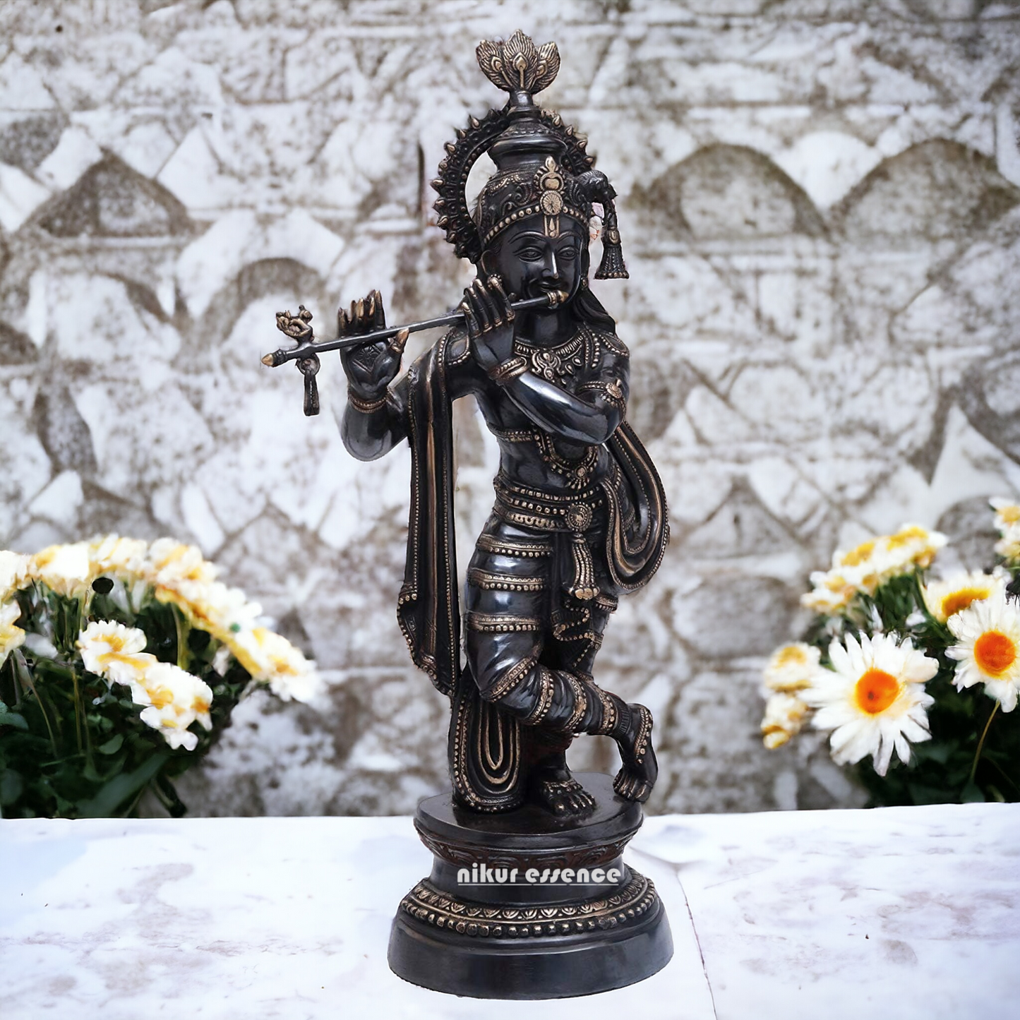 Lord Brass Black Krishna Murli with Playing Flute - 35 Inch Idols Nikuressence