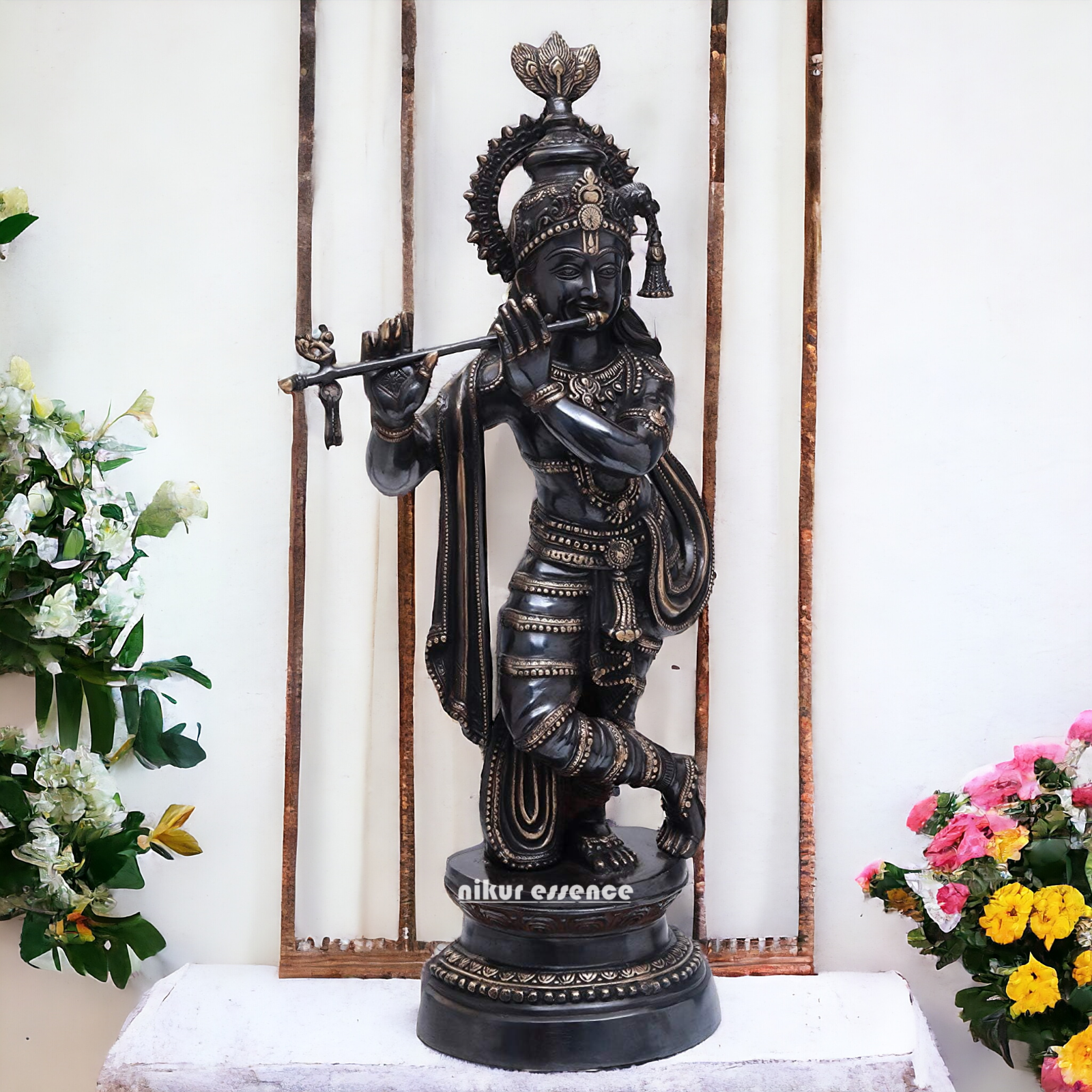 Lord Brass Black Krishna Murli with Playing Flute - 35 Inch Idols Nikuressence