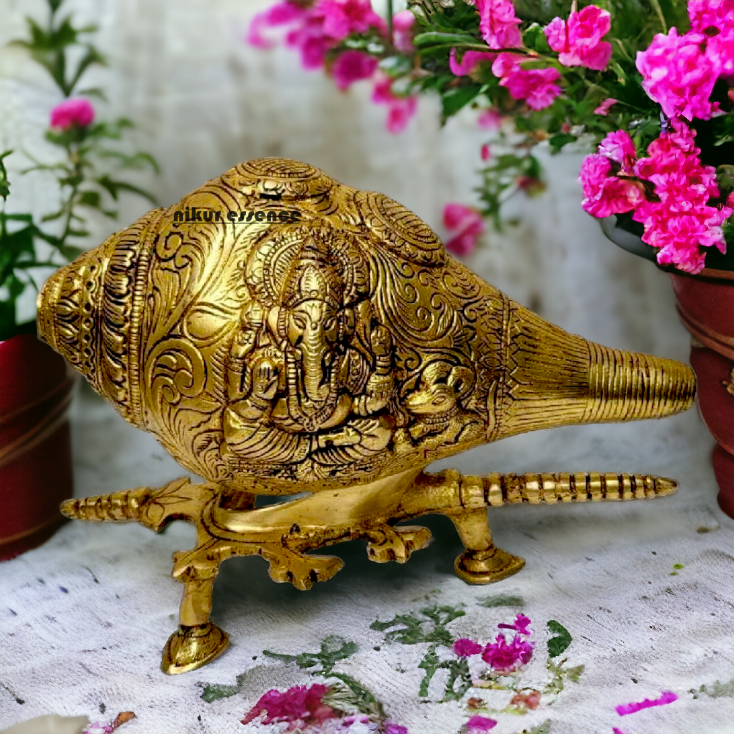 Solid Brass Shankh Ganesh Lakshmi with stand - 9 Inch