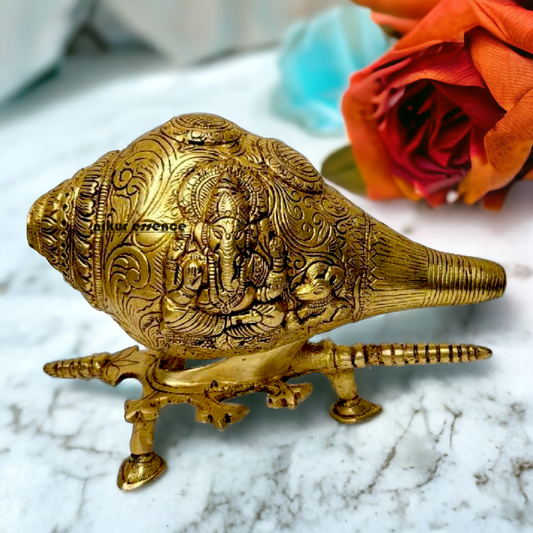 Solid Brass Shankh Ganesh Lakshmi with stand - 9 Inch