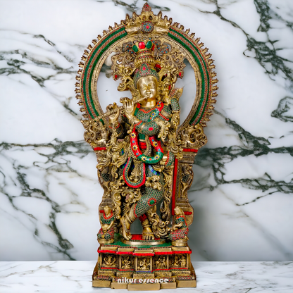 Large Brass Krishna Playing Flute with Stone Work - 82 cm