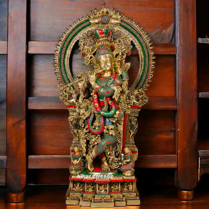 Large Brass Krishna Playing Flute with Stone Work - 82 cm