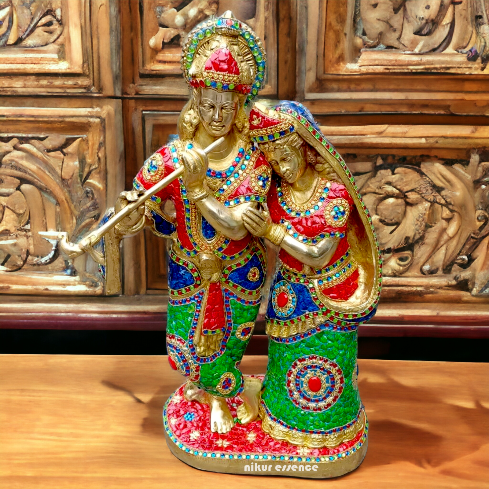 Shop Brass Radha Krishna Standing Playing Flute Idol with Stone Work - 24 inches Idols Nikuressence