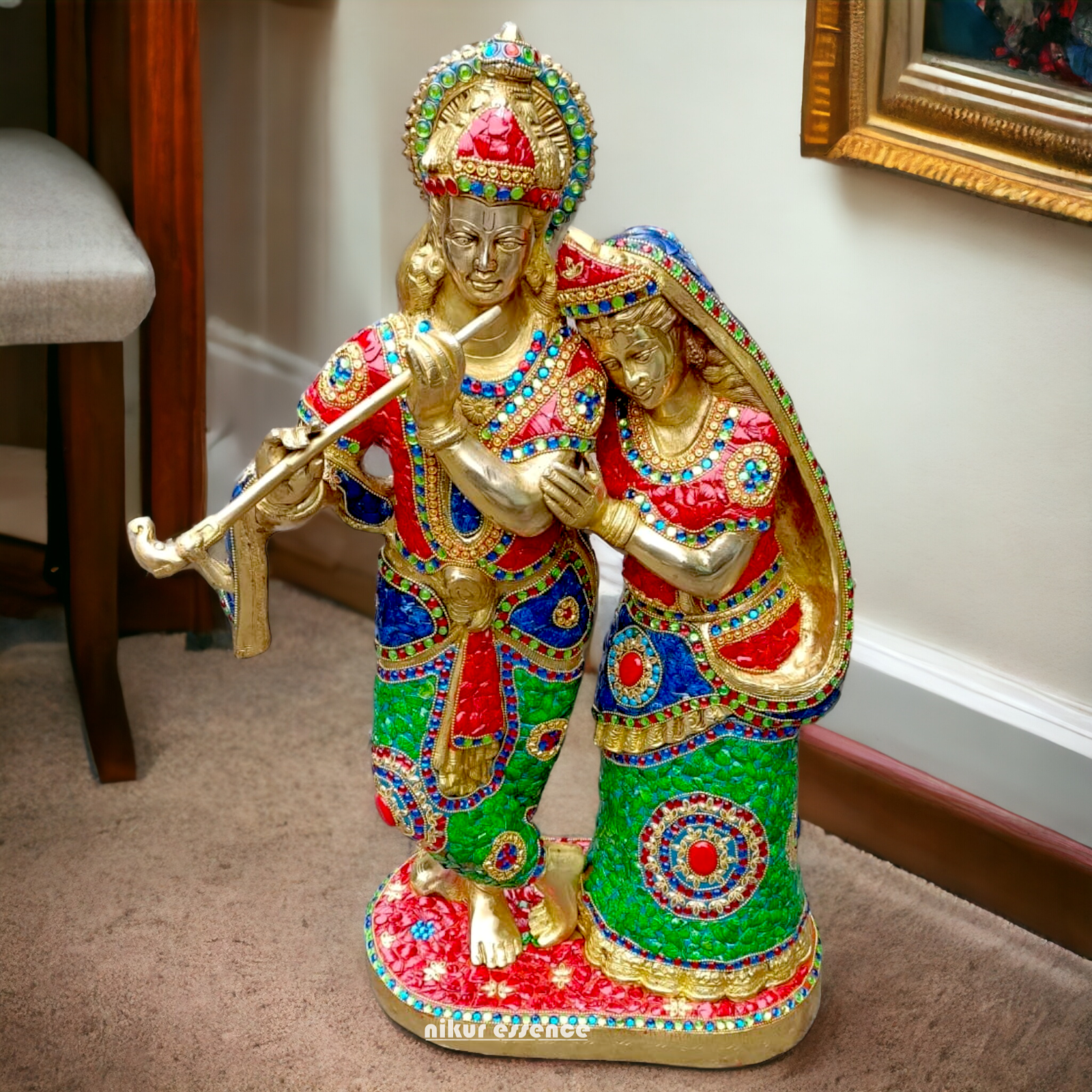 Shop Brass Radha Krishna Standing Playing Flute Idol with Stone Work - 24 inches Idols Nikuressence