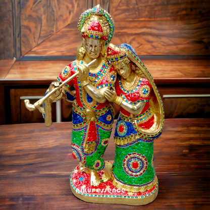 Shop Brass Radha Krishna Standing Playing Flute Idol with Stone Work - 24 inches Idols Nikuressence