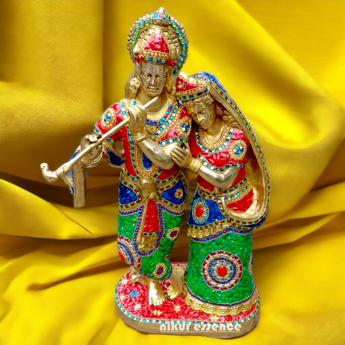 Shop Brass Radha Krishna Standing Playing Flute Idol with Stone Work - 24 inches Idols Nikuressence