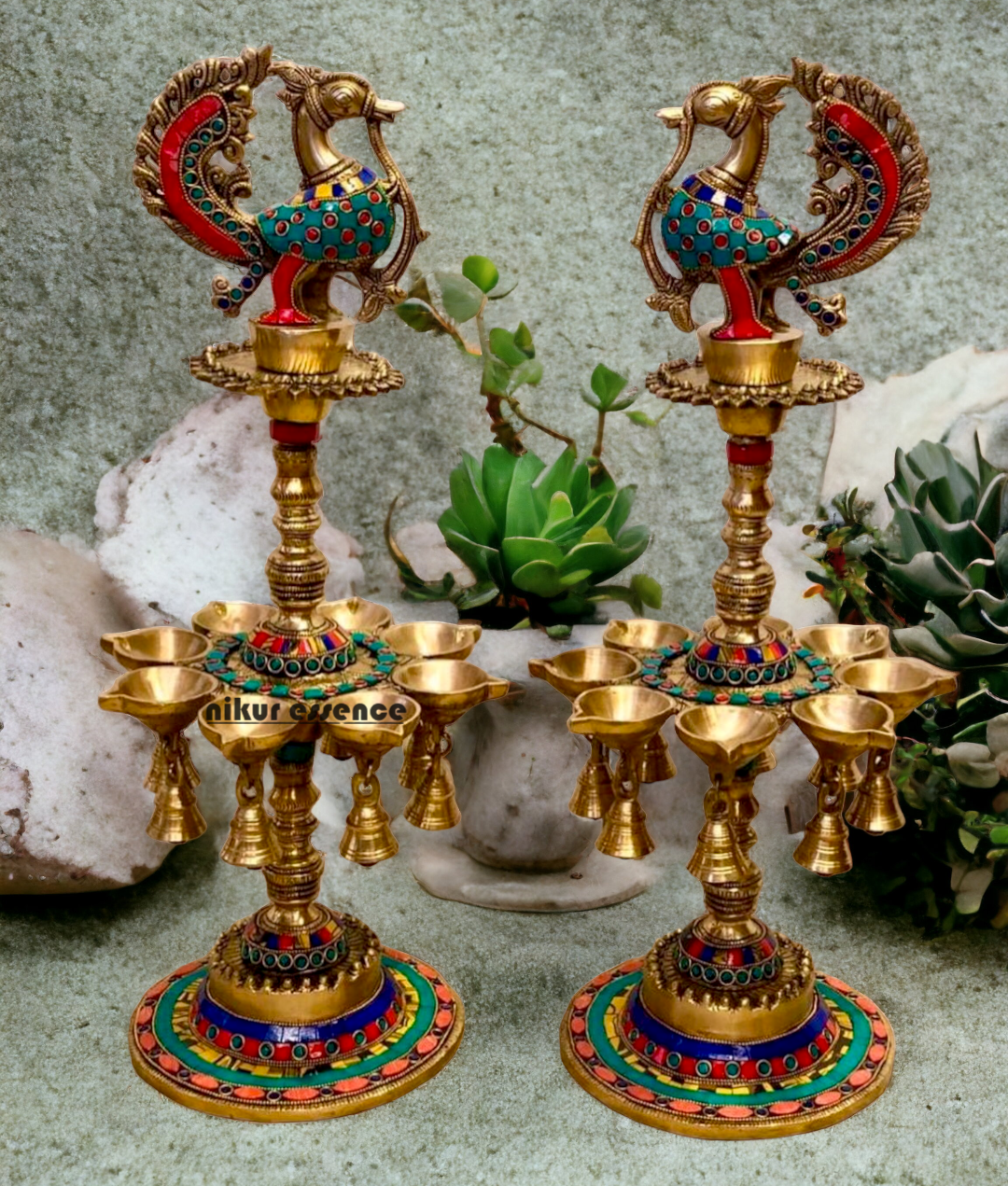 Shop Brass Pair Peacock Diya Lamp with Stone Work - 20 inches