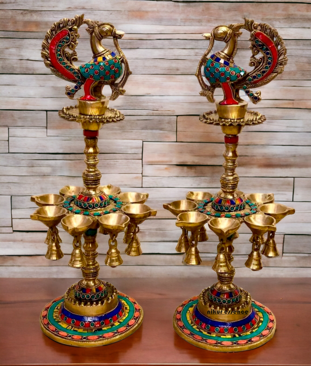 Shop Brass Pair Peacock Diya Lamp with Stone Work - 20 inches