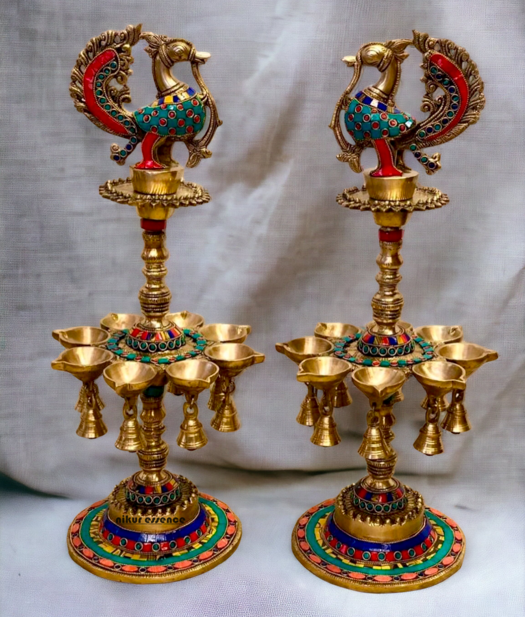 Shop Brass Pair Peacock Diya Lamp with Stone Work - 20 inches