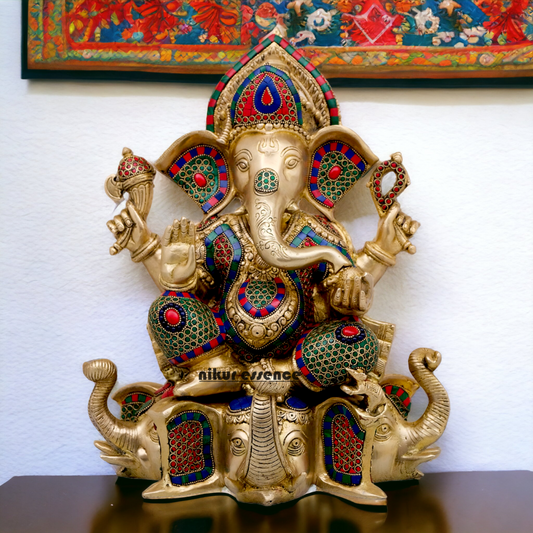 Large Brass Ganesha/Vinayaka Sitting on Elephant Idol with Stone Work - 16.5 inches