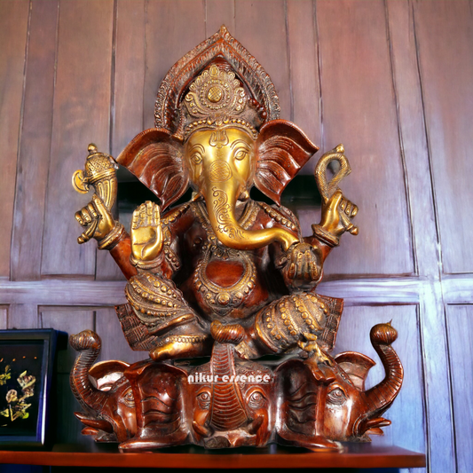 Large Ganesh Sitting on Elephant idol Brass - 16.5 inches